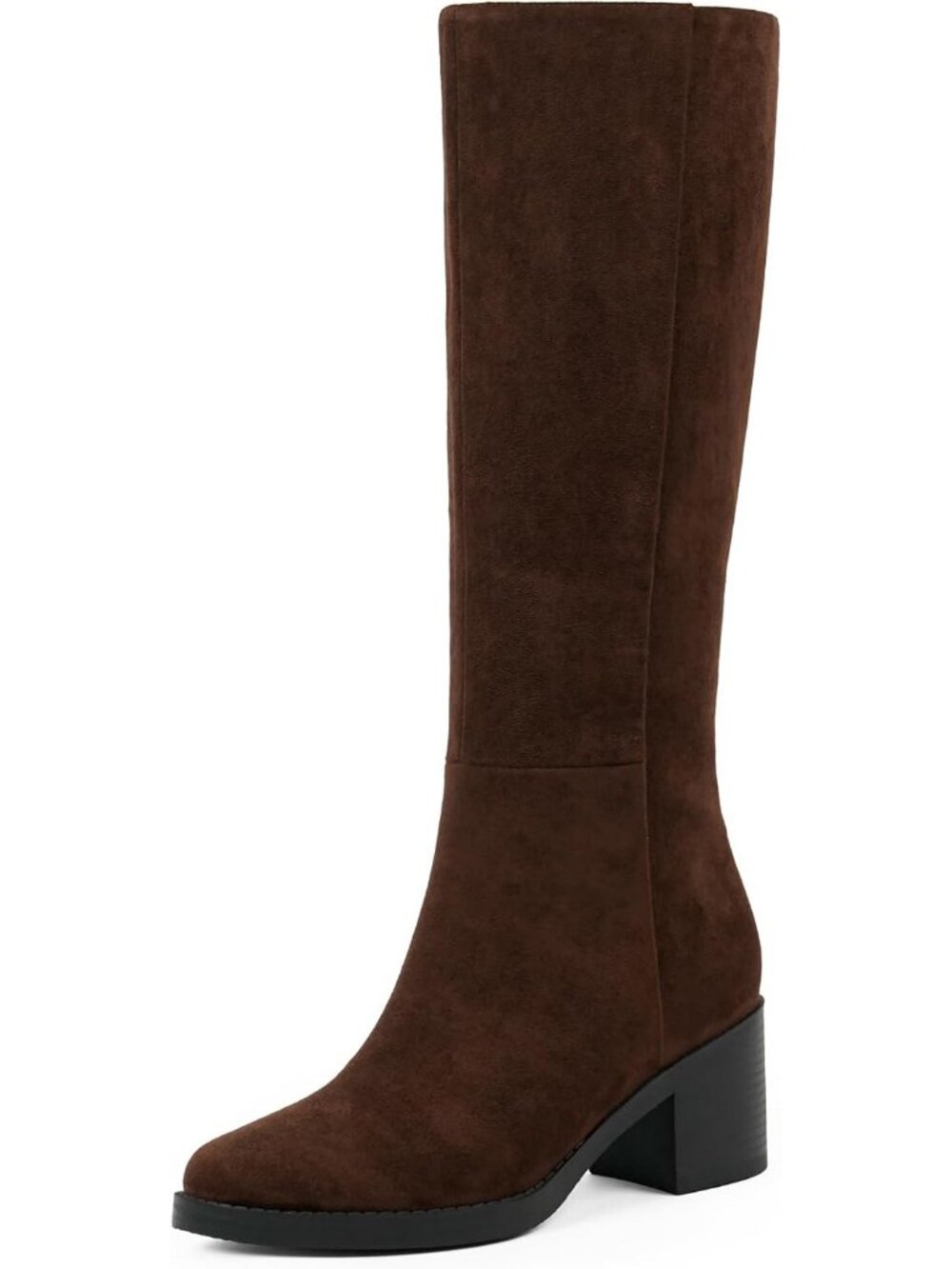 Women's Chocolate Suede Knee High Boots Chunky Low Block Heel Round Toe Boots